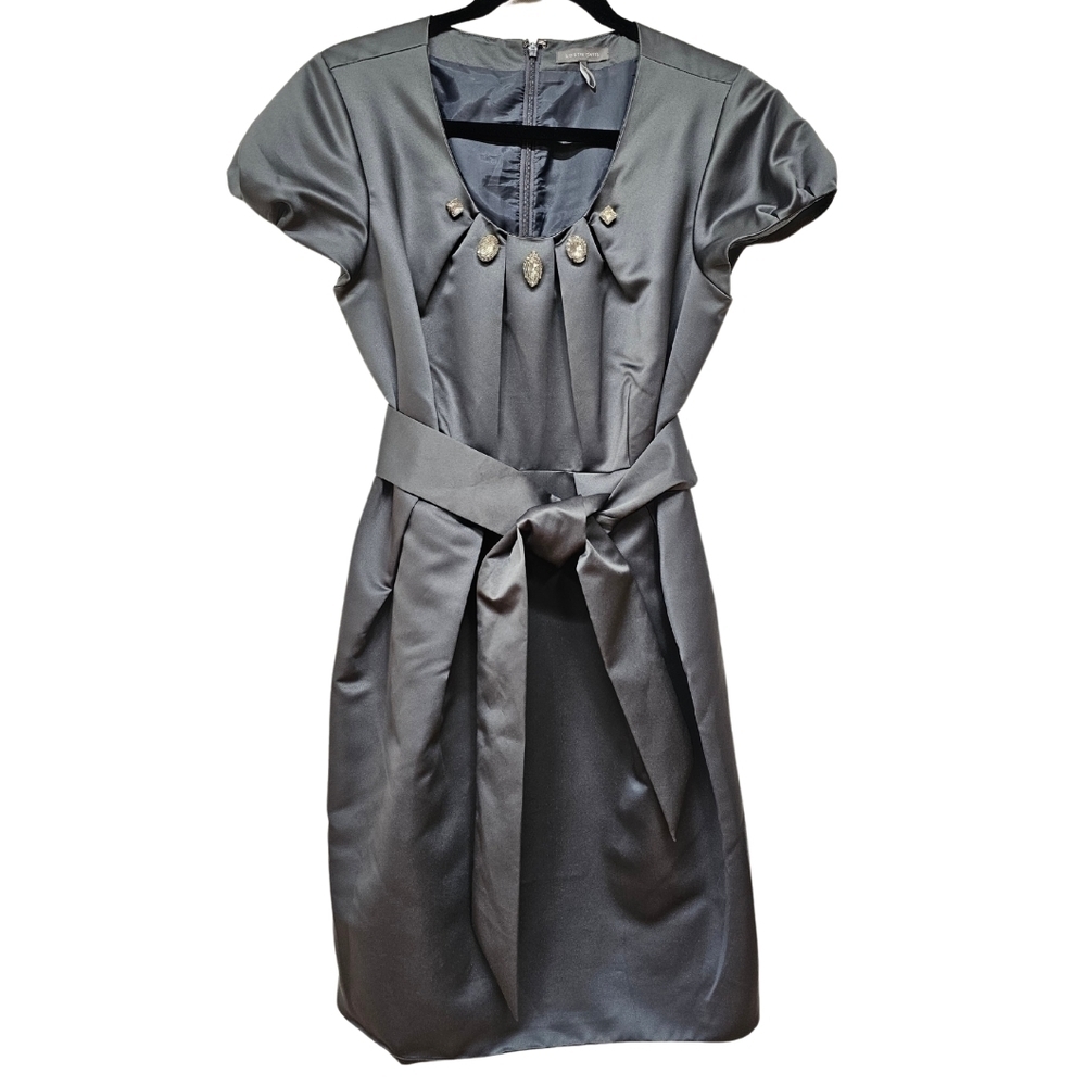 Kristin Davis Cocktail Dress, Steele Blue, Pockets & Jeweled Neckline, Size 8